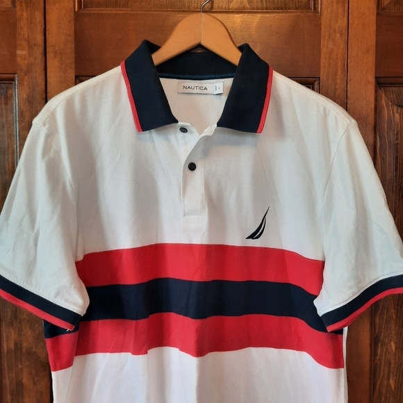 Nautica white striped preppy striped short sleeve polo shirt size large - Picture 2 of 11
